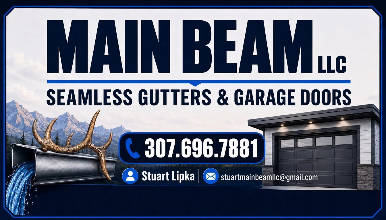 Main Beam LLC branded truck and trailer — seamless gutters and garage doors, serving northeastern Wyoming